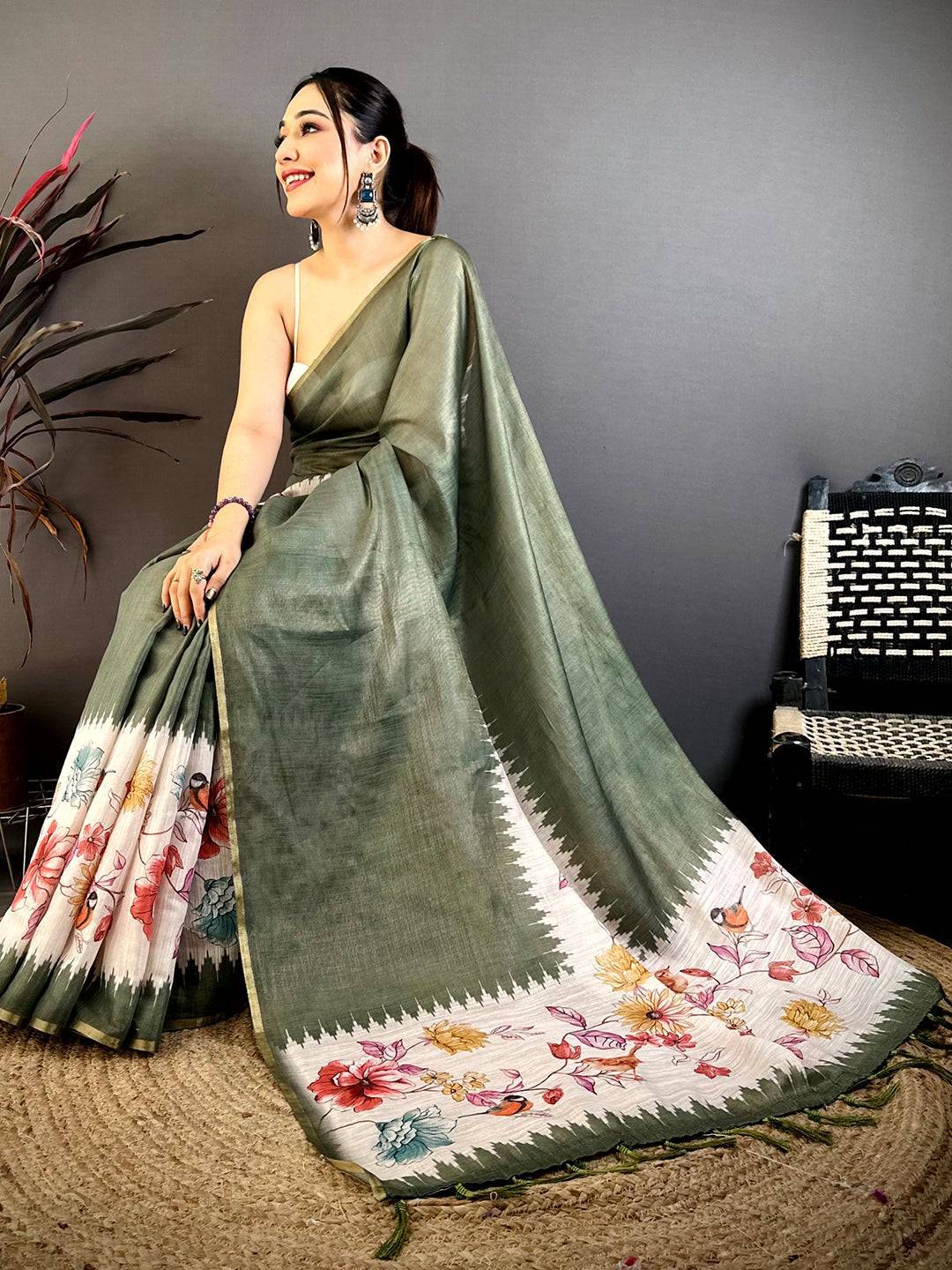Olive Floral Ikat Linen Chanderi Saree