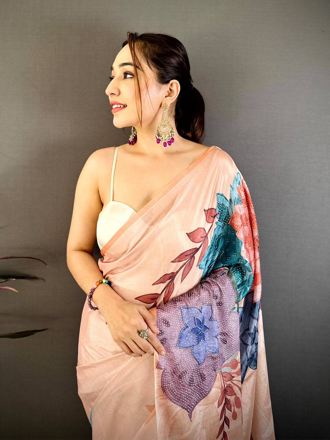 Peach Soft Chiffon Floral Stone Work Saree