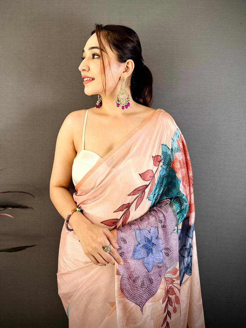 Peach Soft Chiffon Floral Stone Work Saree