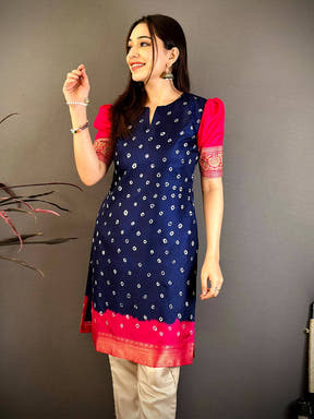 Navy Soft Dola Silk Round Slit Neck Kurti
