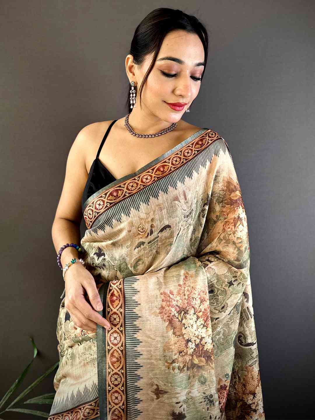 Olive Tussar Blossom Saree