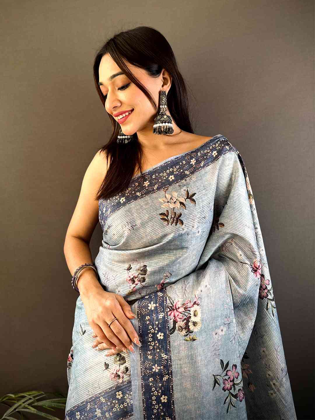 Pastel Blue Zari Tussar Floral Print Saree