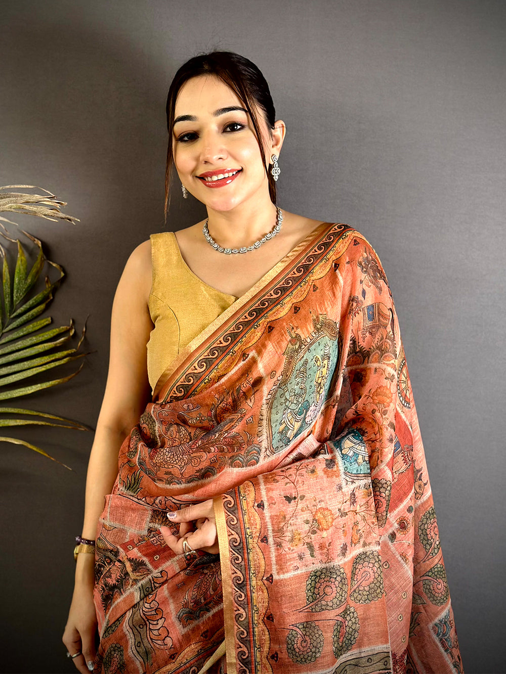 Classic Minakari Kalamkari Linen Saree