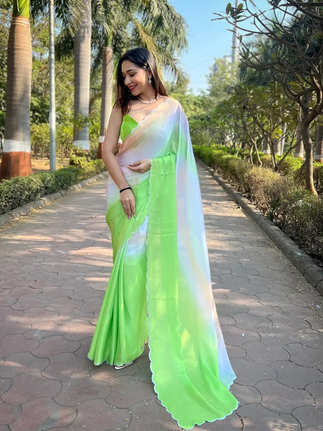 Stylish Green Colour Satin Georgette Saree with Ombre Print