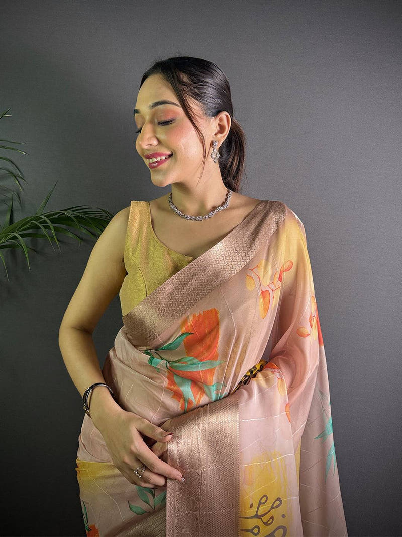 Blush Pink Soft Organza Silk Floral Saree
