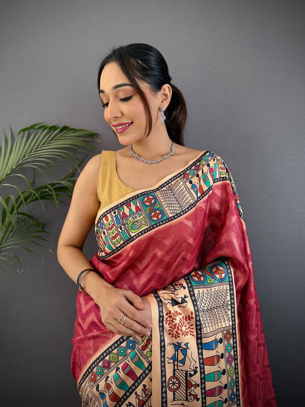 Blush Red Madhubani Print Soft Silk Saree