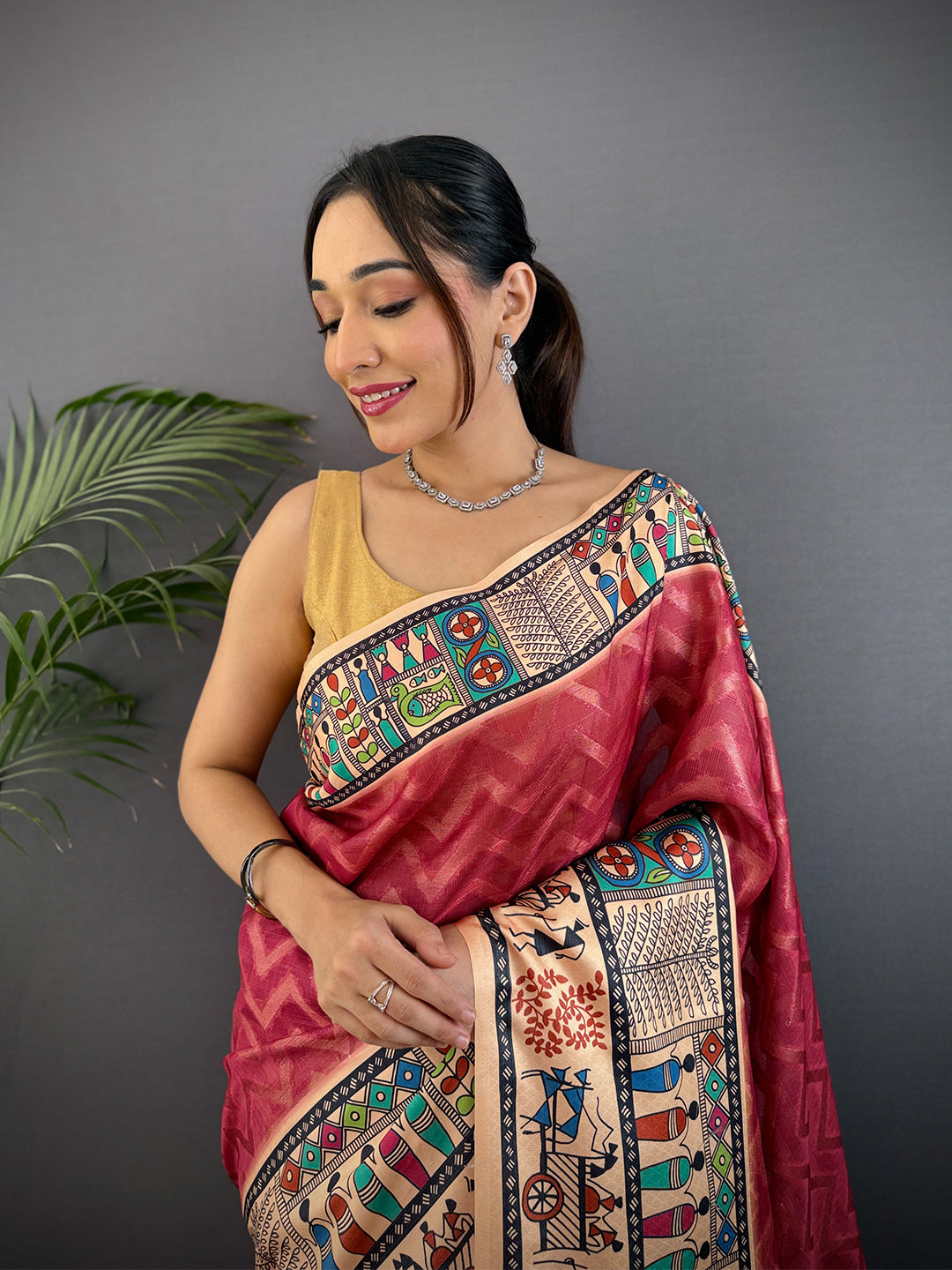 Blush Red Madhubani Print Soft Silk Saree
