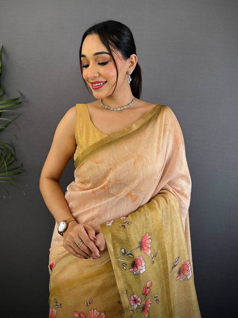 Olive Linen Chanderi Floral Print Saree