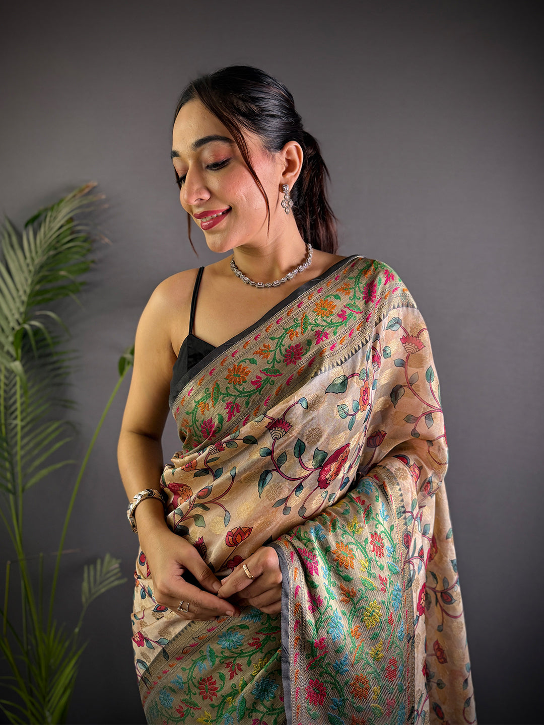 Beige Kalamkari Printed Kora Tissue Saree