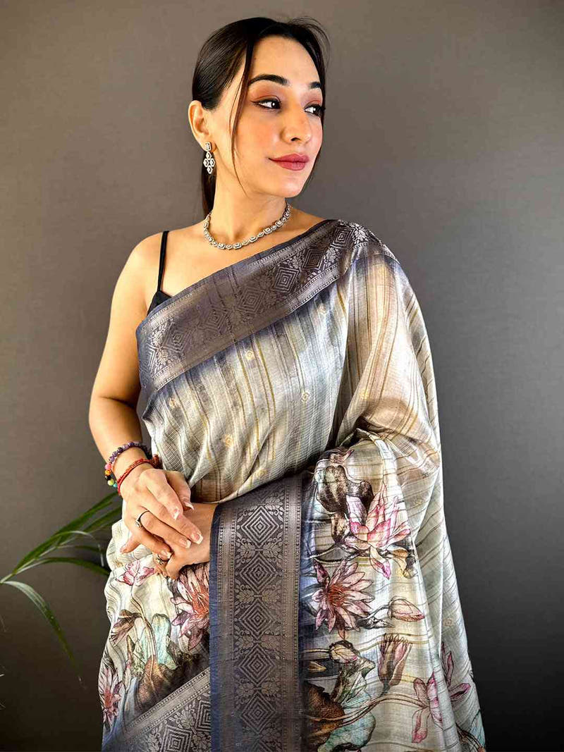 Grey Ghicha Weave Floral Saree