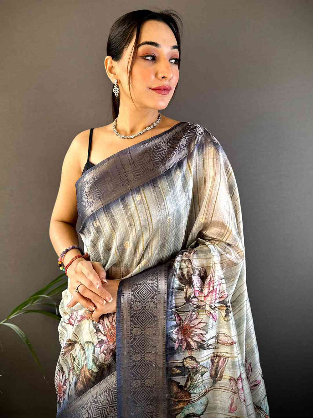 Grey Ghicha Weave Floral Saree