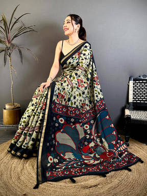 Classic Mul Cotton Elephant Kalamkari Print Saree