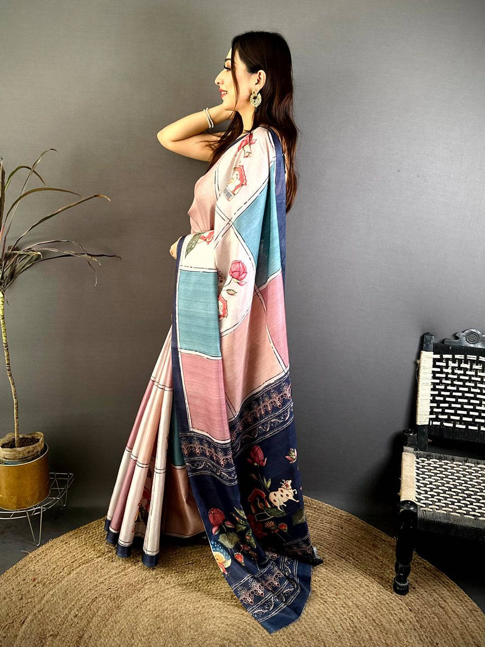 Celebrity Tussar Contrast Kalamkari Pallu Saree