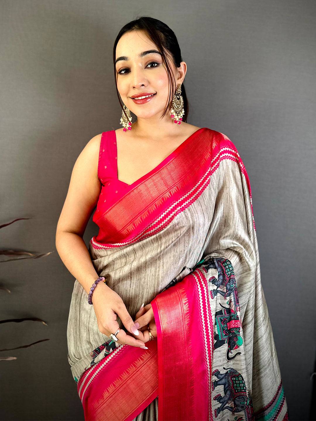 Opulent Block Print Dola Silk Saree