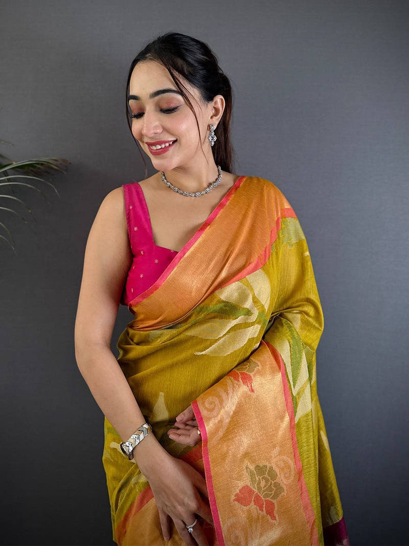 Yellow Soft Chanderi Pochampally Ikkat Saree

