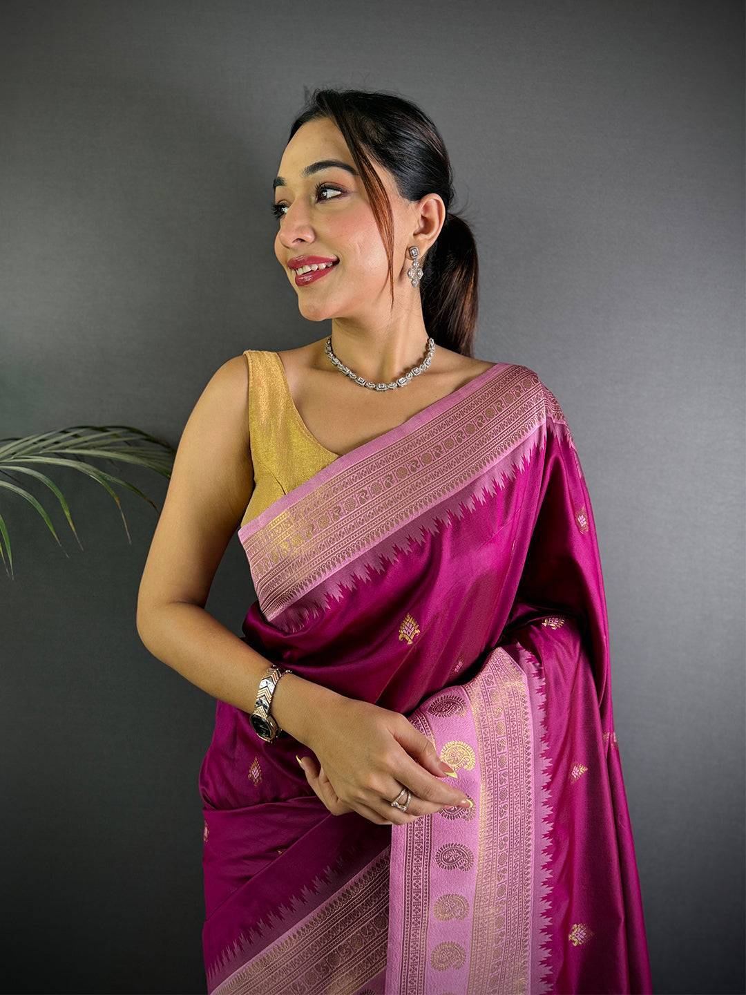 Wine Soft Silk Gadwal Border Saree

