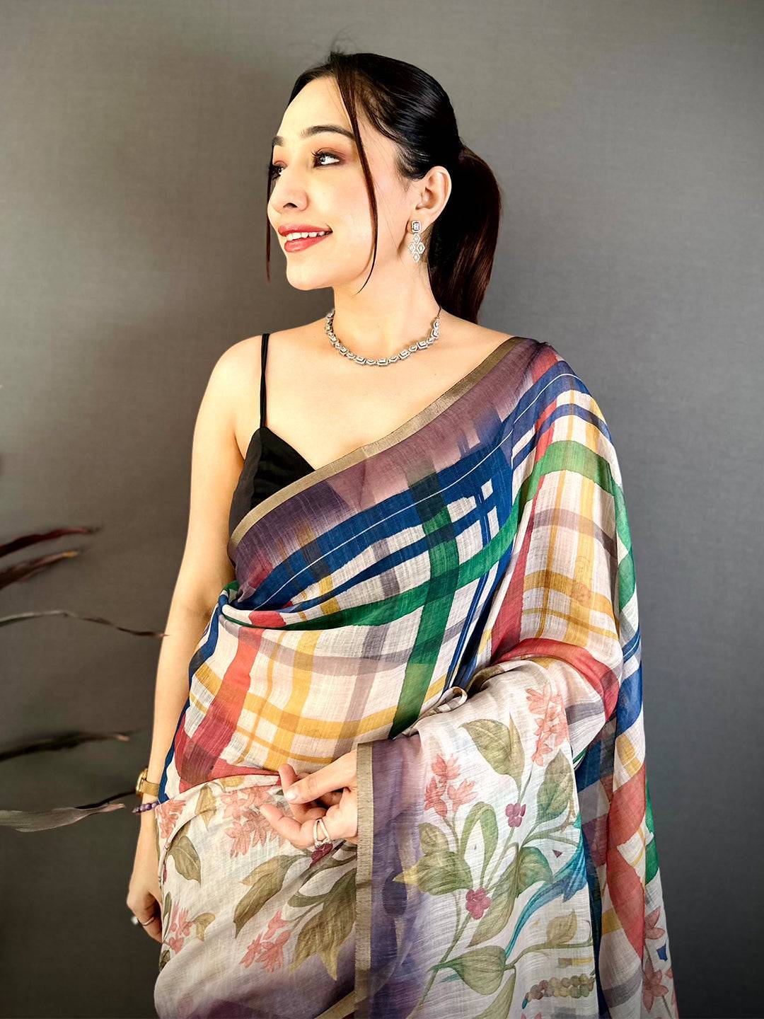 Elegant Linen Chanderi Check Saree