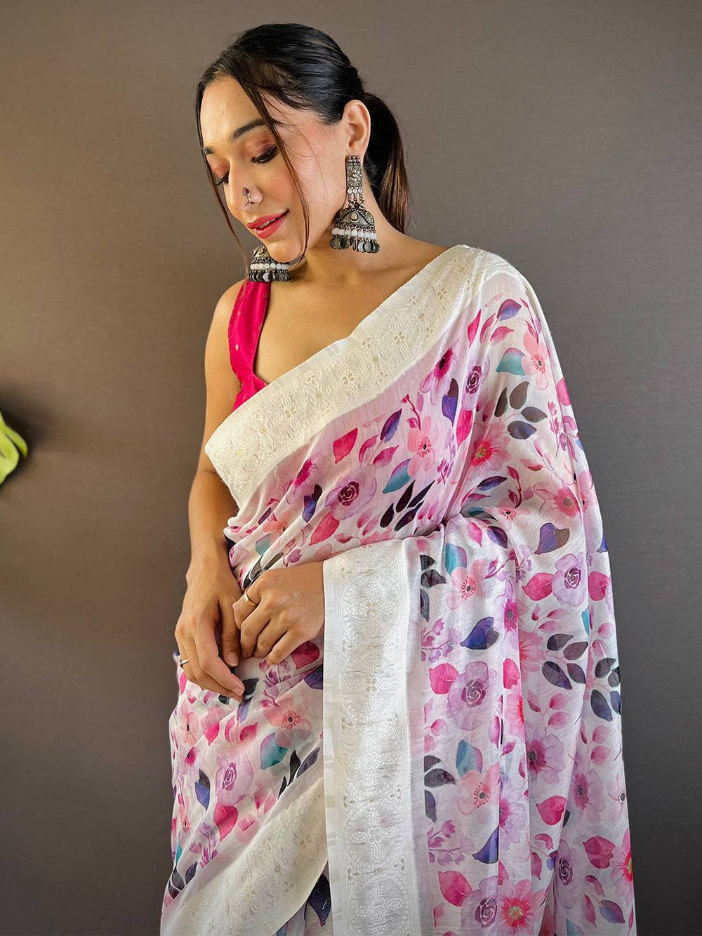 Radiant Lakhnavi Floral Print Saree
