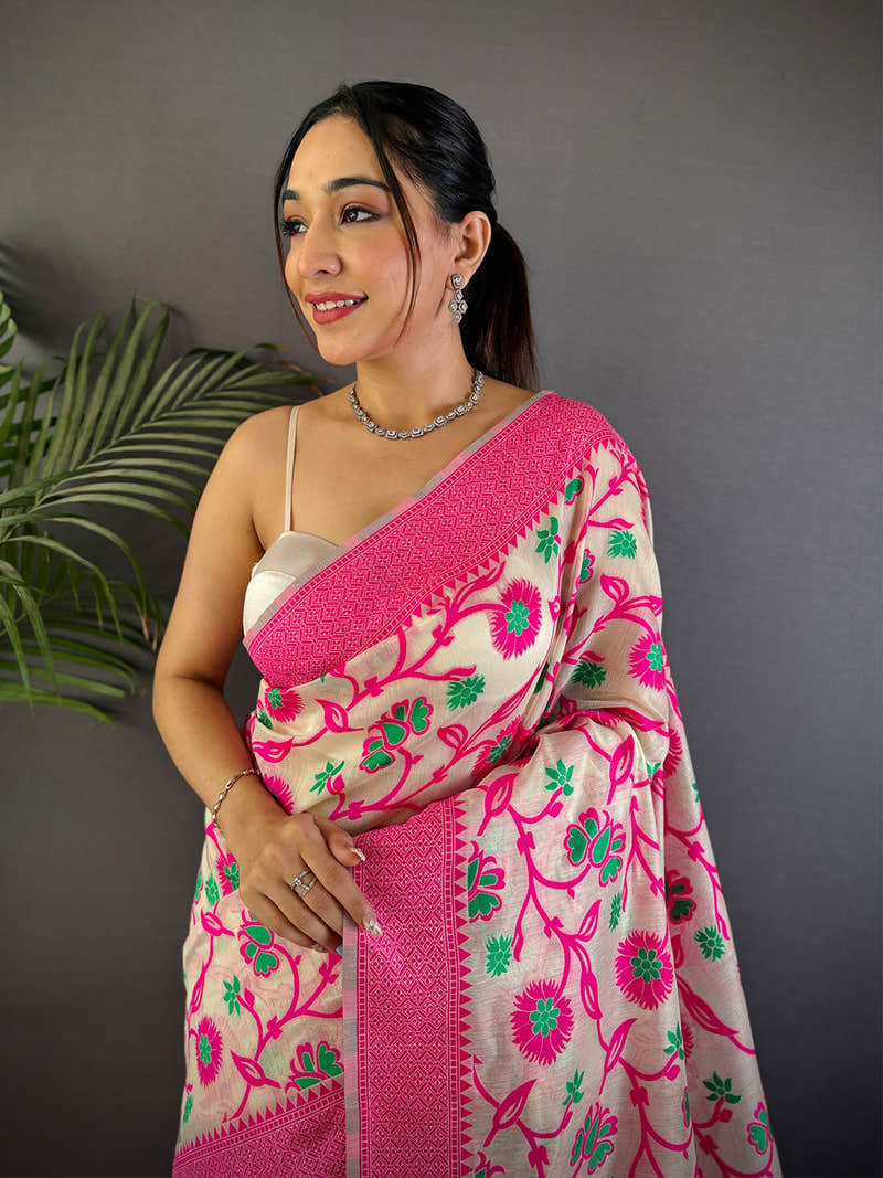 Ethereal Pink Cotton Silk Dhakai Saree