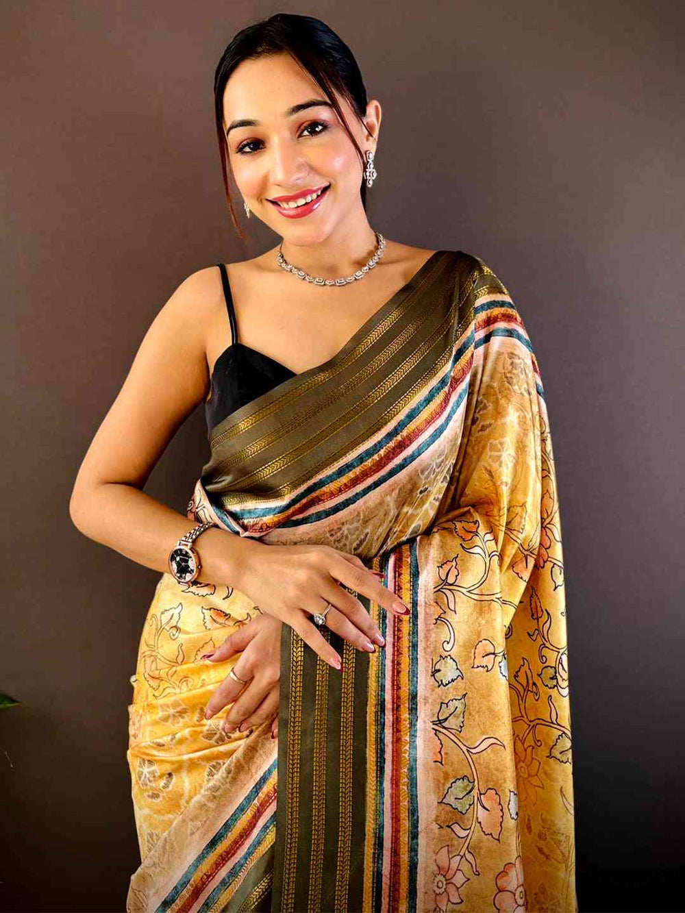 French Beige Kalamkari Floral Printed Silk Saree