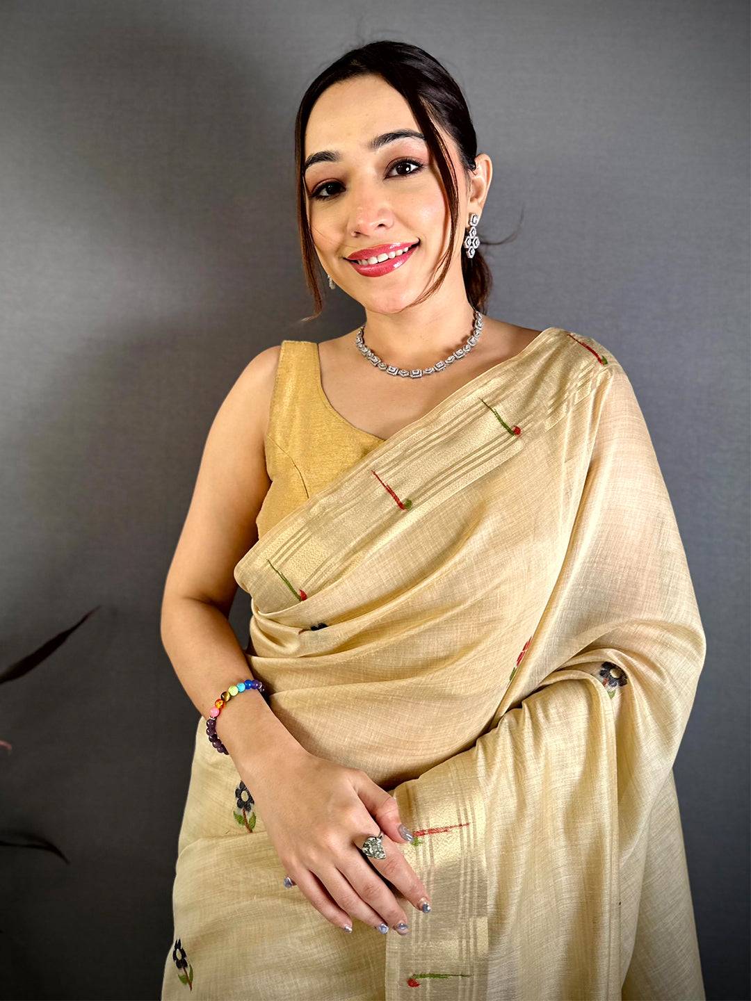 Cream Sunflower Minakari Khadi Saree


