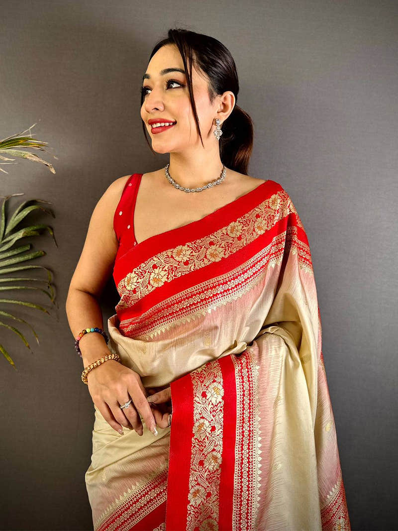 Gold Zari Woven Cream Soft Silk Saree
