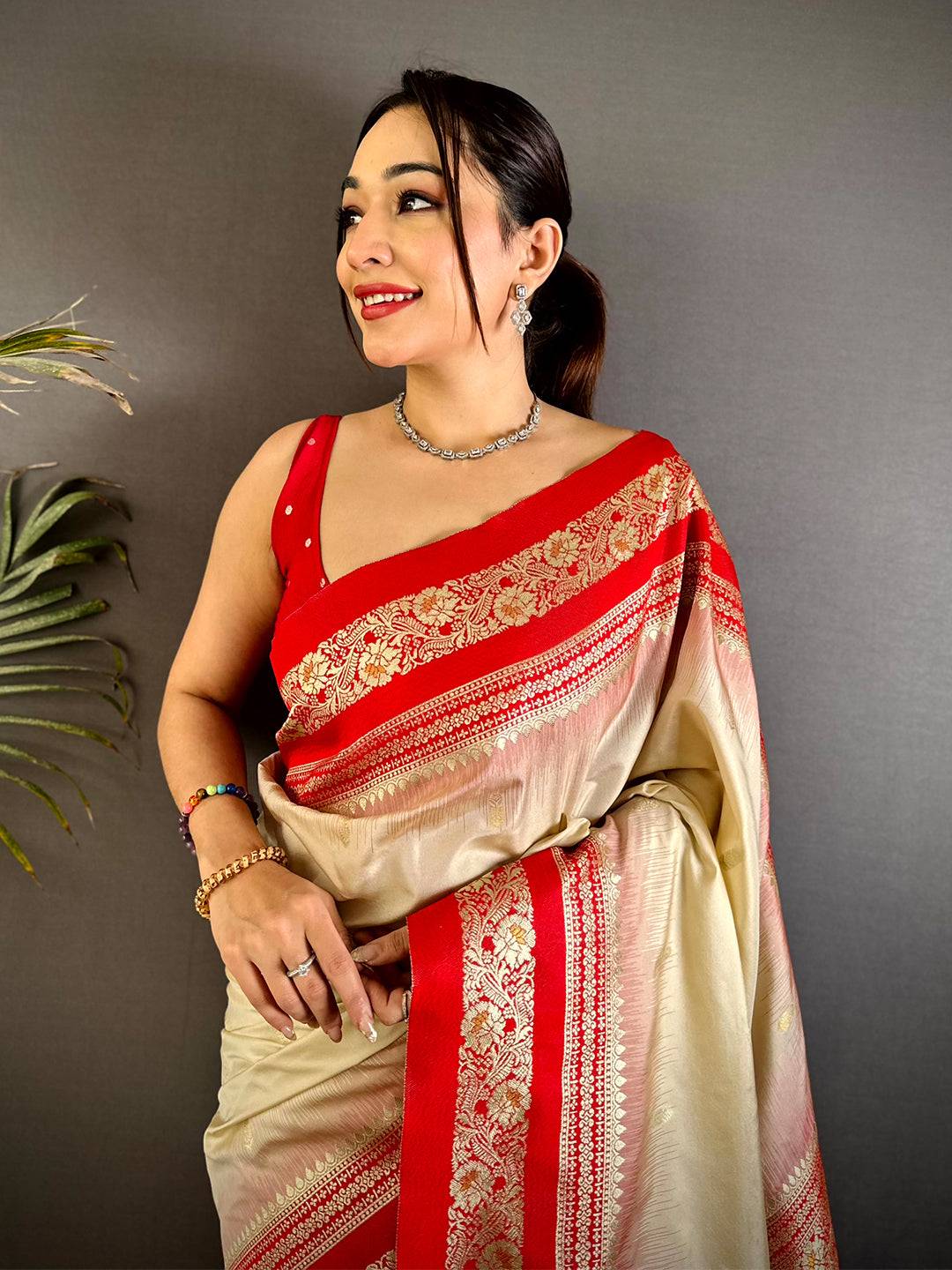 Gold Zari Woven Cream Soft Silk Saree

