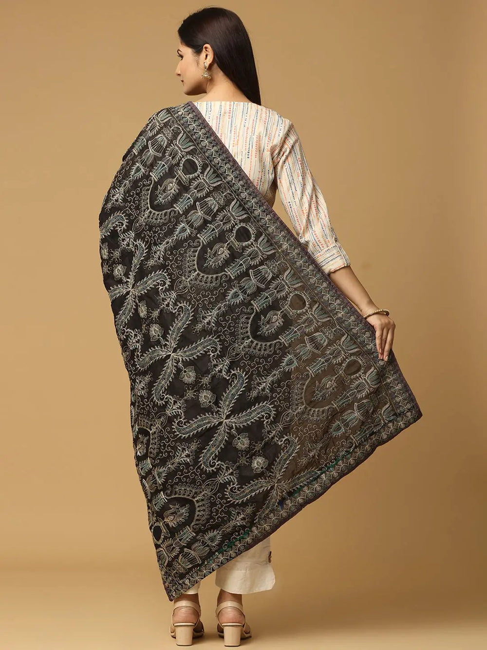 Back view of black poly chiffon dupatta with ethnic motifs