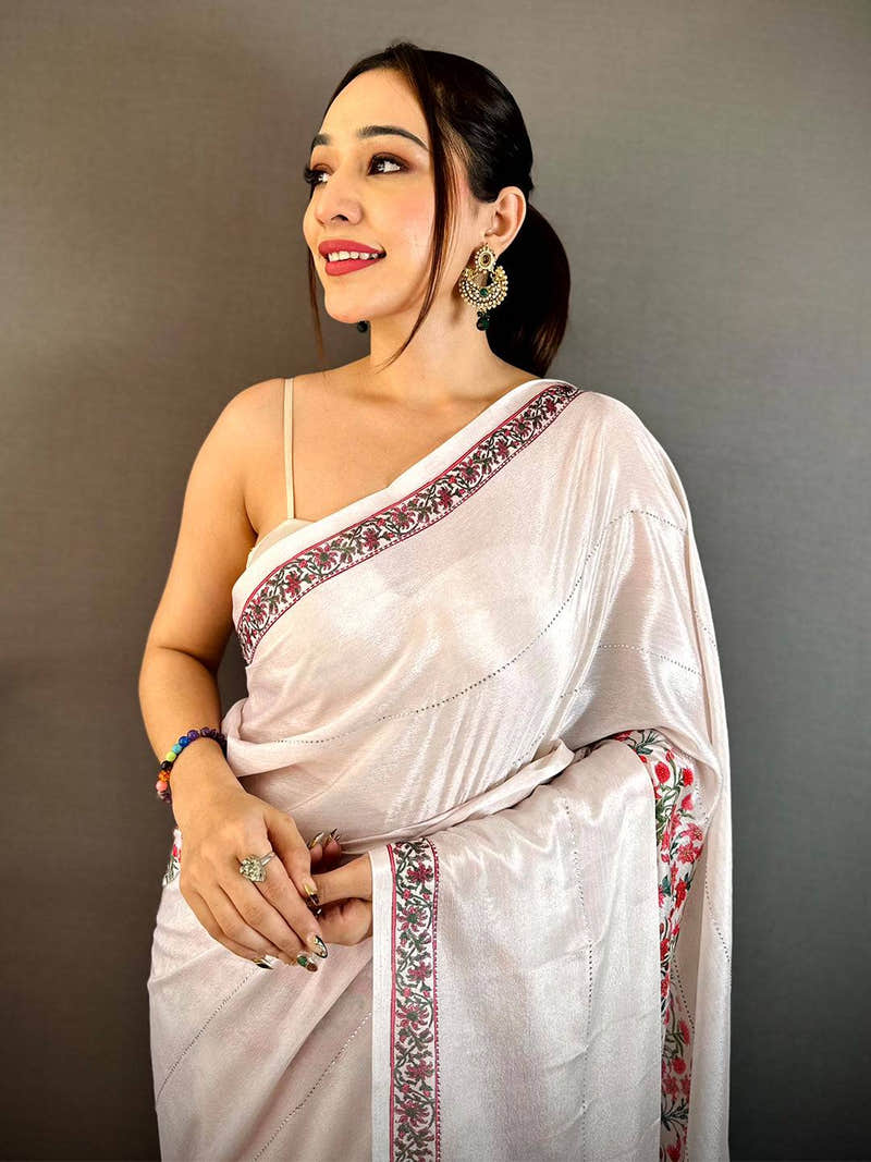 Elegant White Floral Soft Chiffon Saree