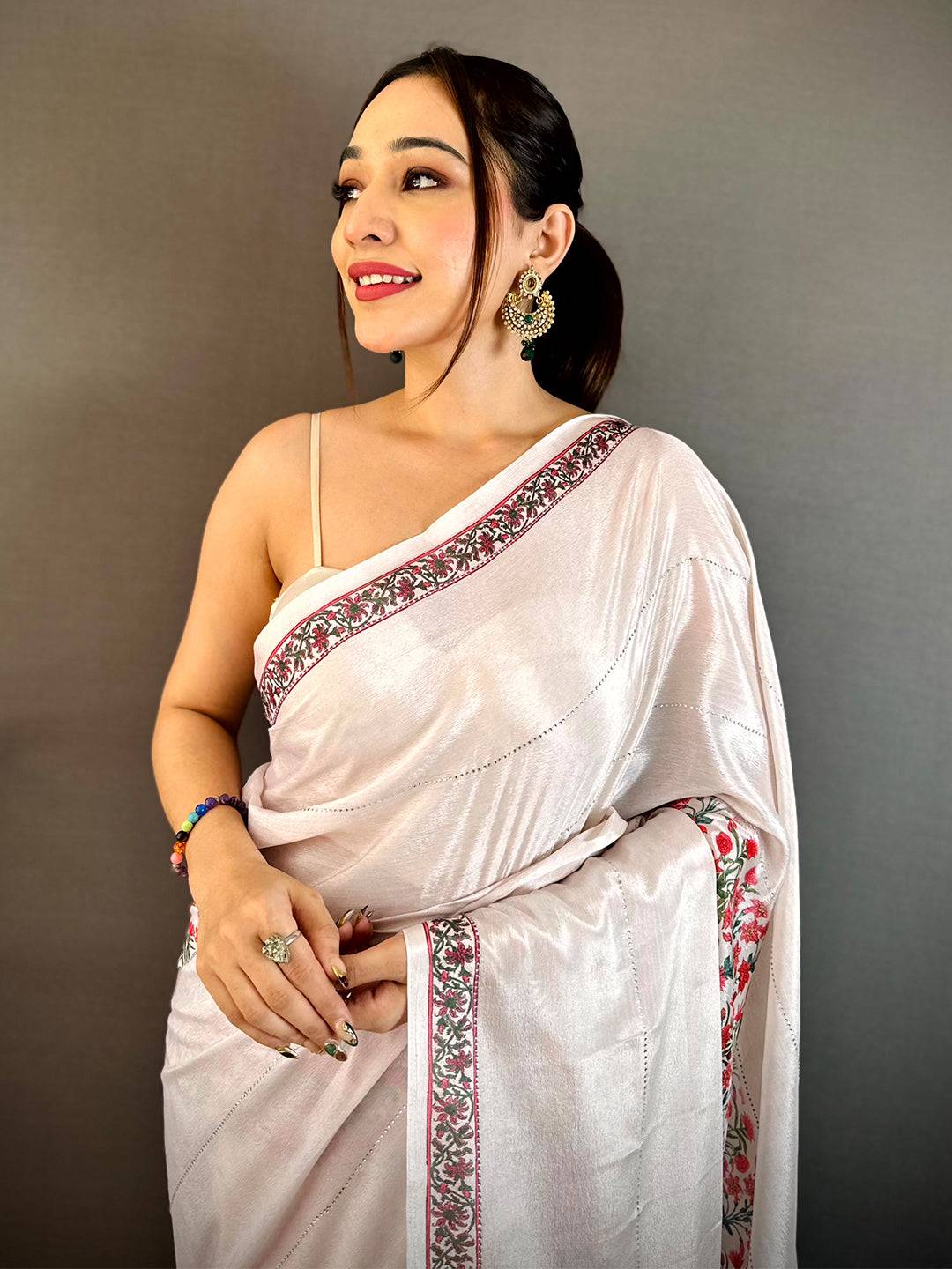 Elegant White Floral Soft Chiffon Saree