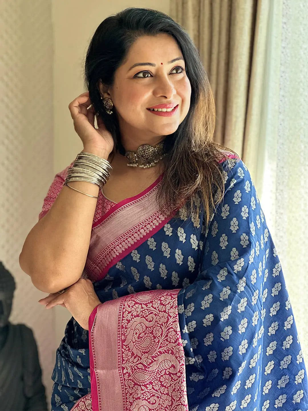Blue Banarasi Katan Silk Saree with pink border