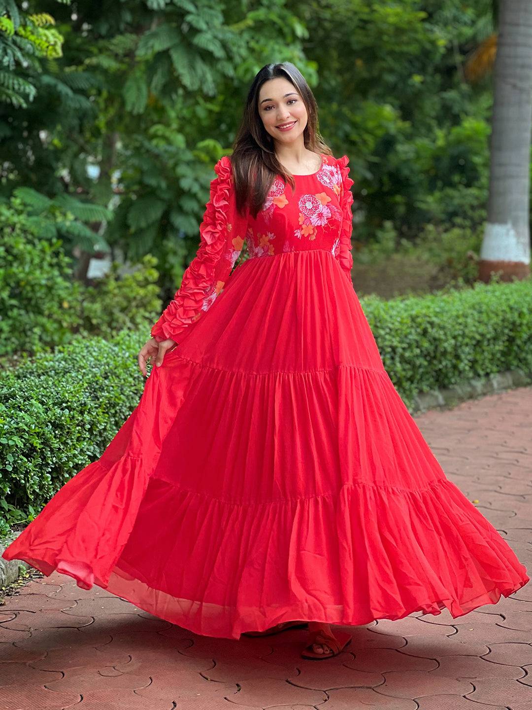 Radiant Ruby Dress with frill long sleeves in garden setting