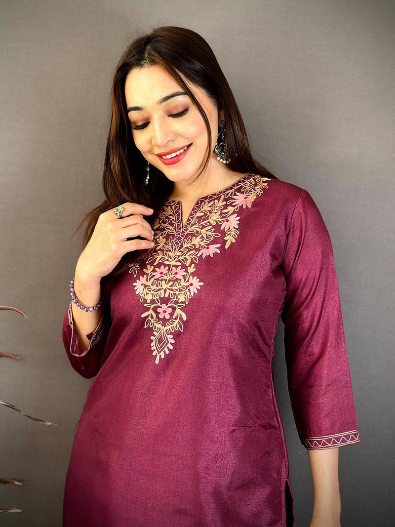Dark Wine Ari Work Cotton Zari Kurti