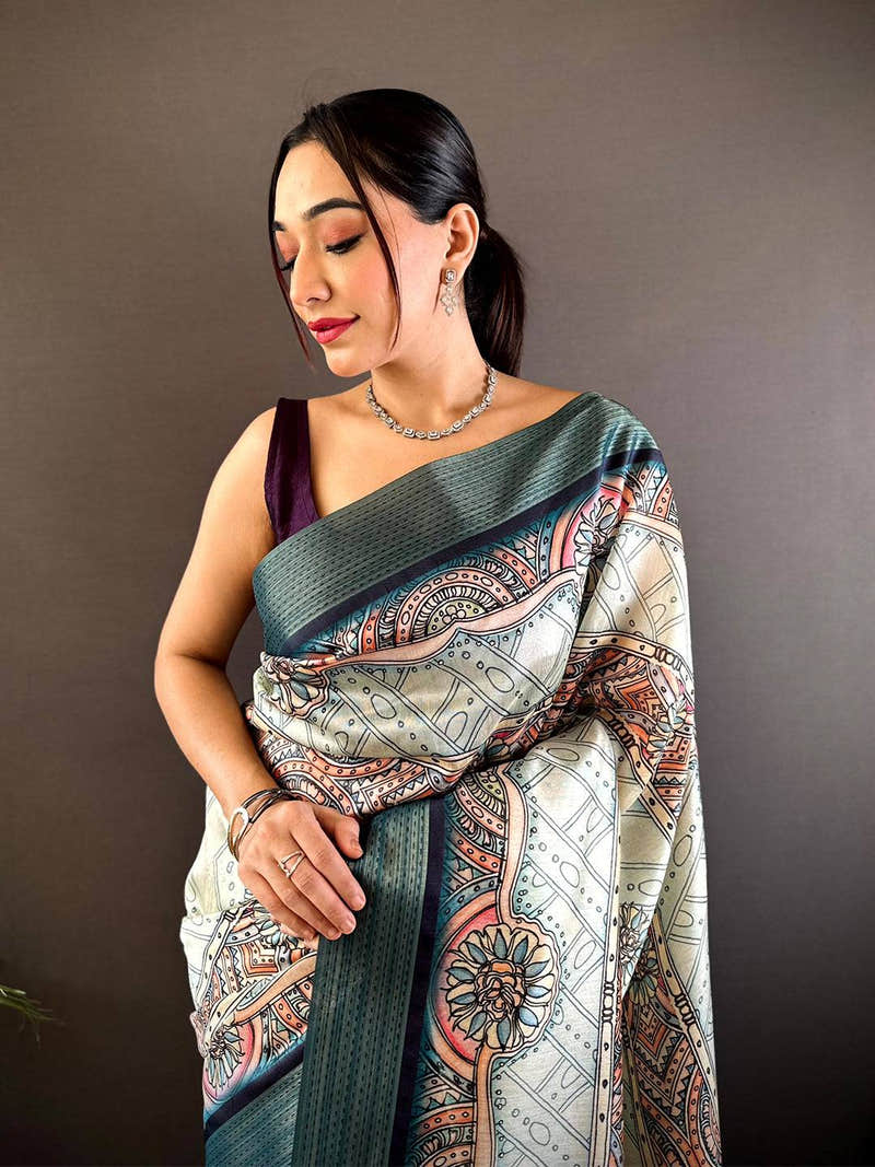 Off White Digital Kalamkari Printed Tussar Silk Saree