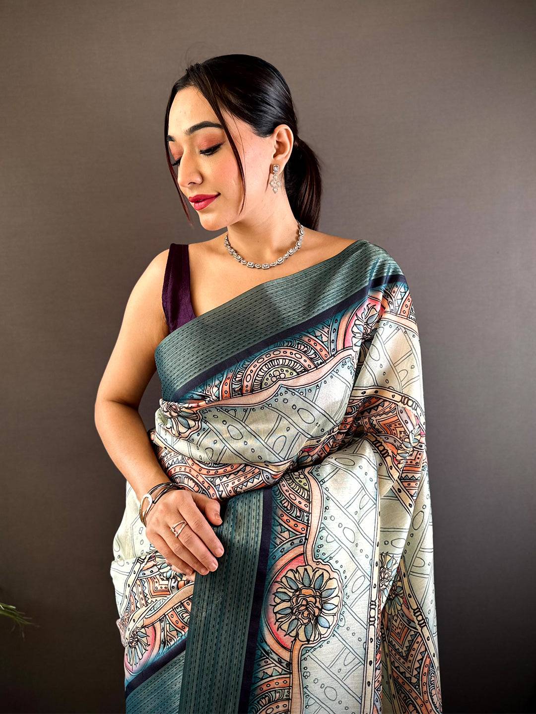 Off White Digital Kalamkari Printed Tussar Silk Saree