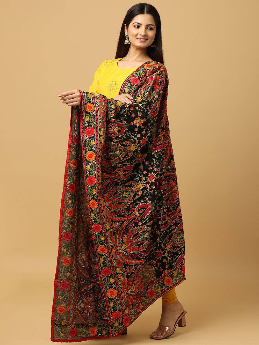 Side view of Black Poly Chiffon Pashmina Dupatta
