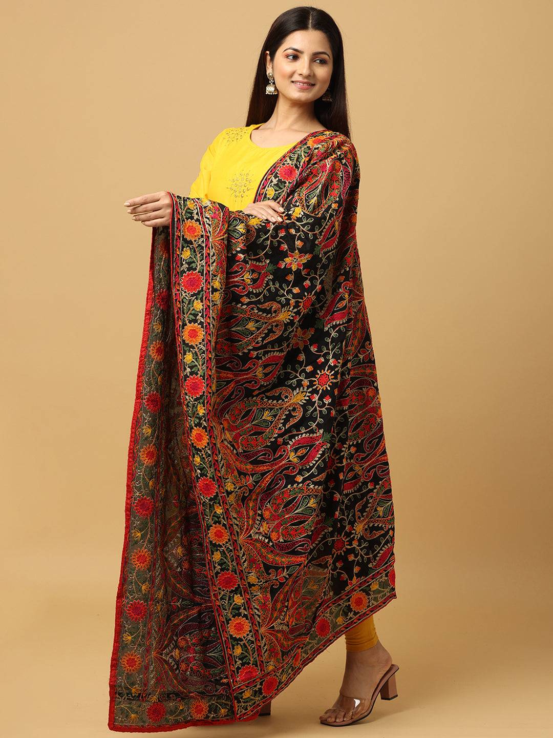 Side view of Black Poly Chiffon Pashmina Dupatta