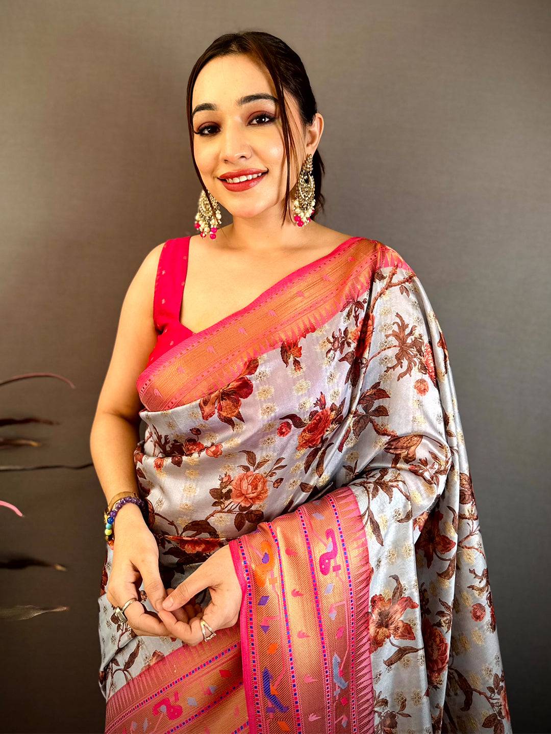 Light Grey Paithani Border Kora Tissue Saree