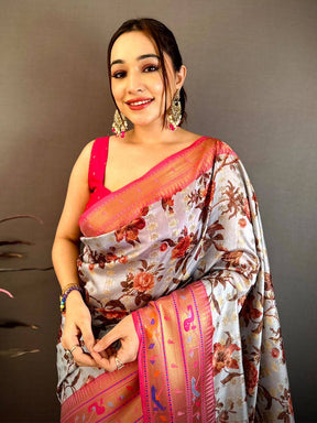 Light Grey Paithani Border Kora Tissue Saree