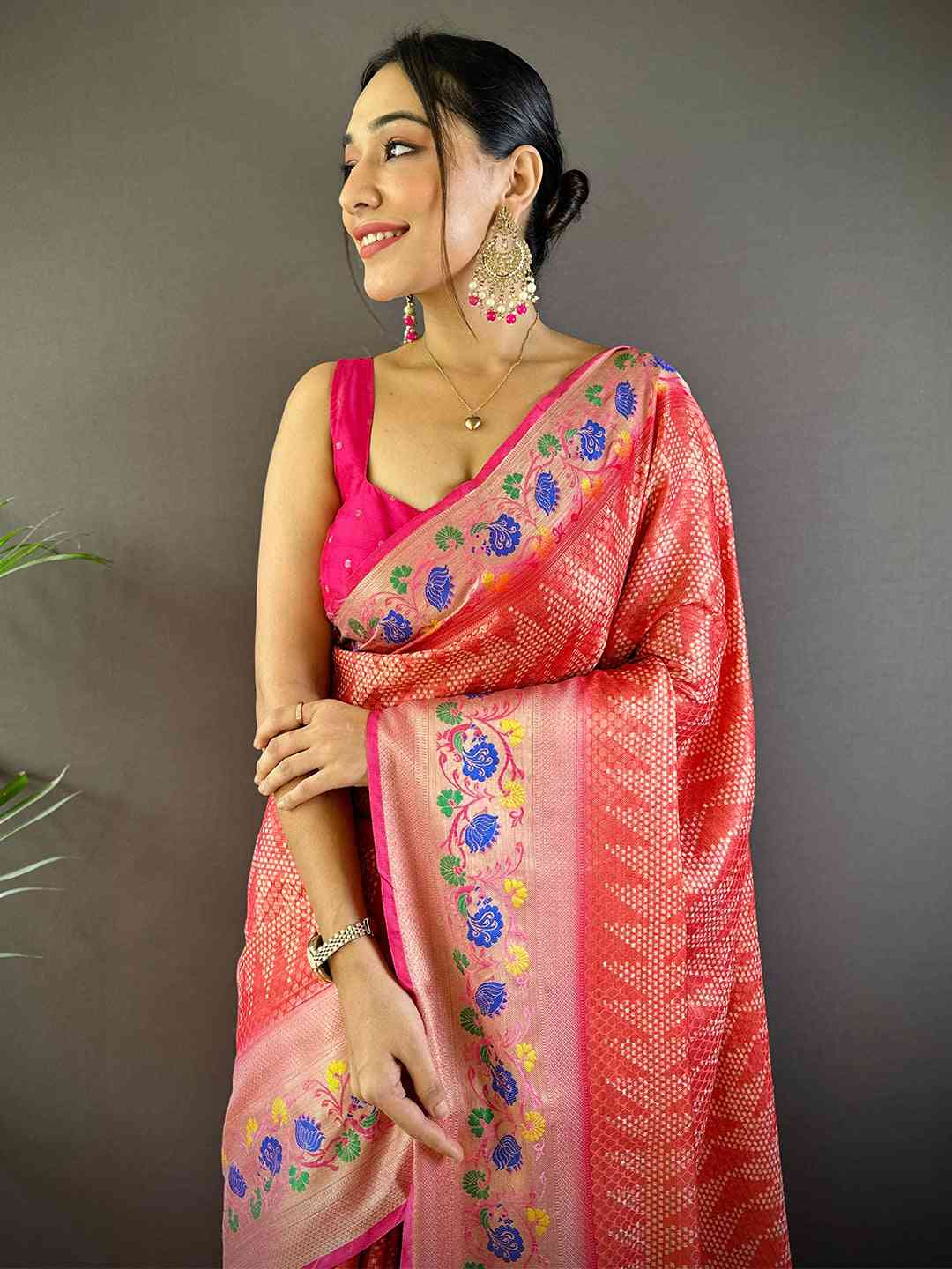Kora Silk Banarasi Digital Print Saree In Pink Colour