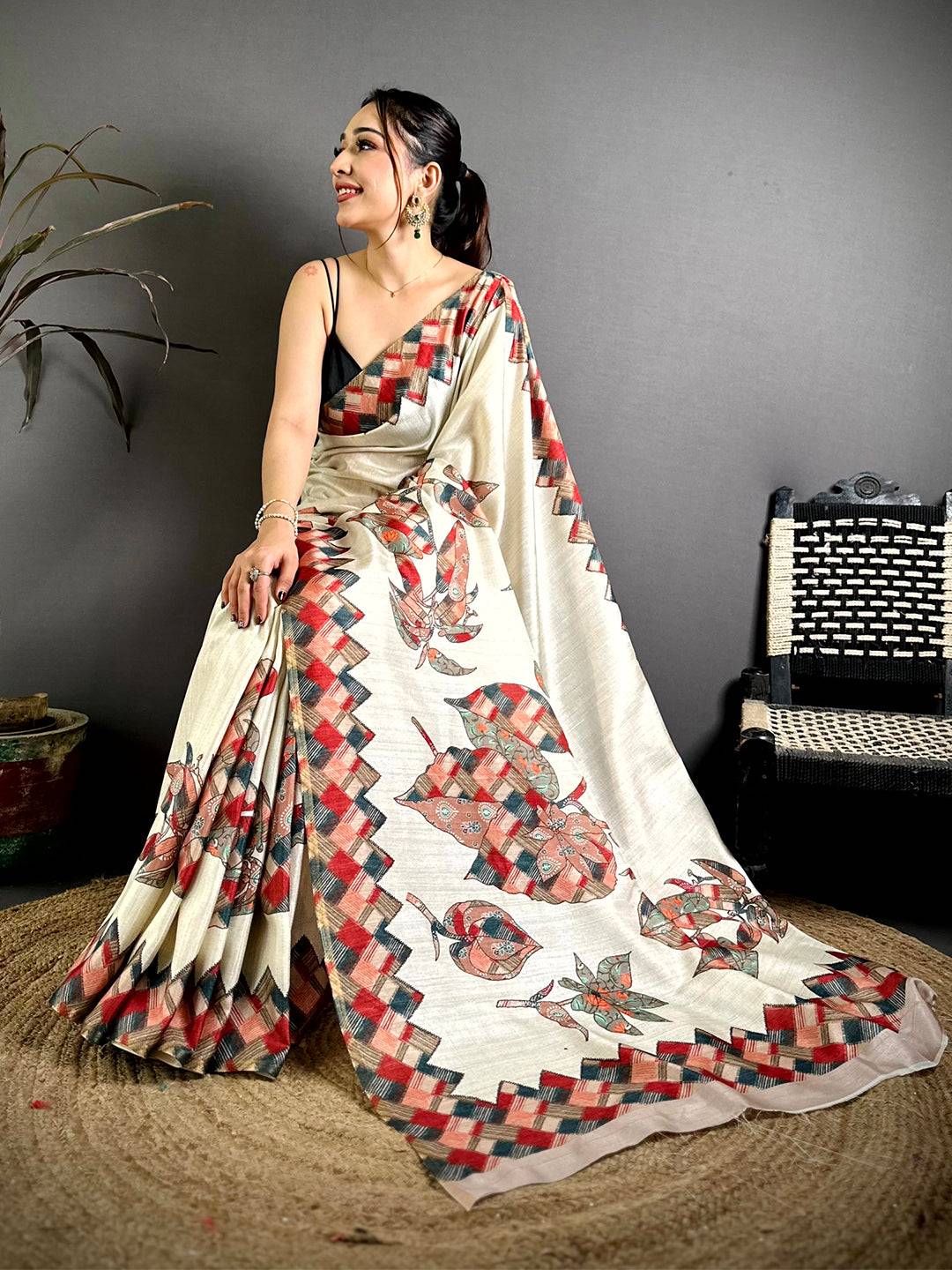 Classic Digital Applique Print Tussar Saree