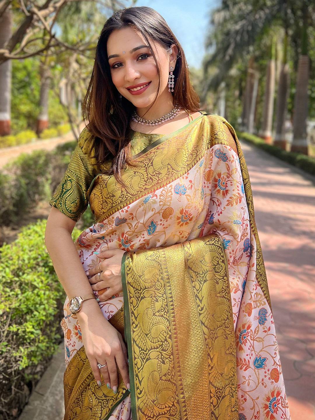 Chiku Colour Banarasi One Grm Tissue Silk Festive Wear Saree