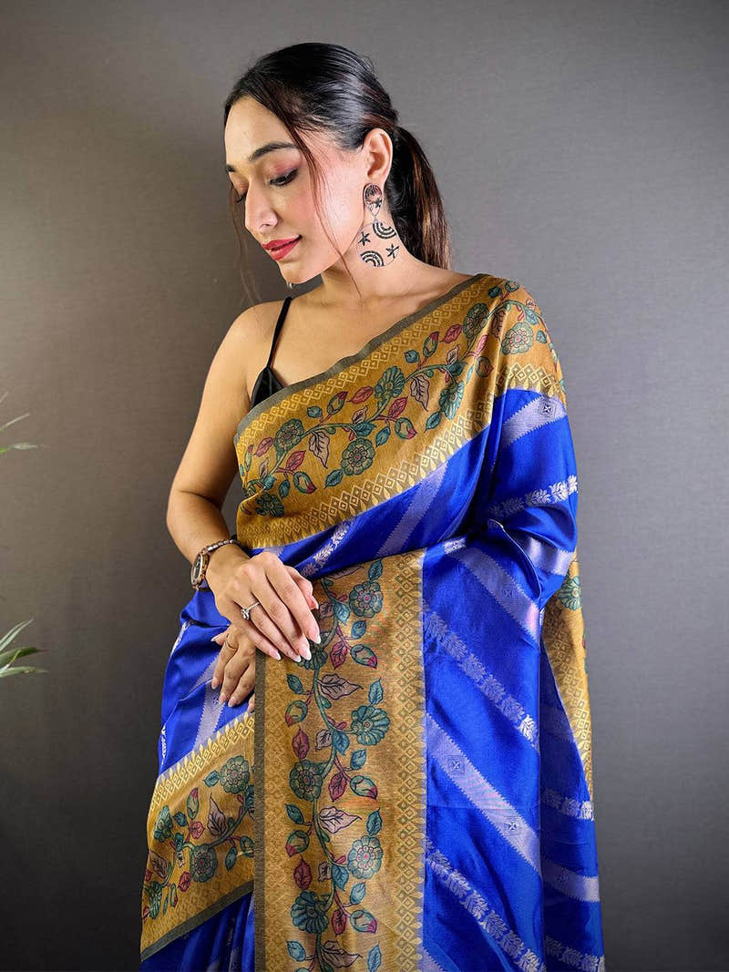 Blue Gold Zari And Kalamkari Print Saree