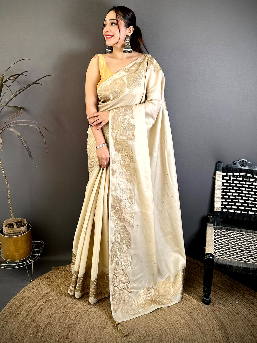 White Soft Cherry Satin Zari Embroidery Saree
