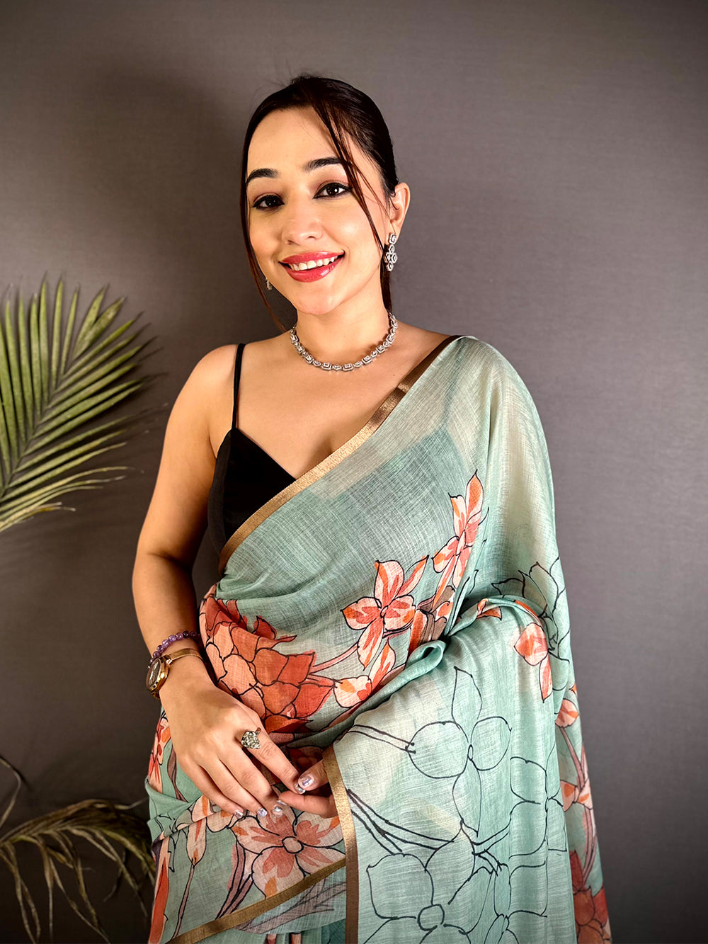 Classic Sea Green Floral Linen Saree