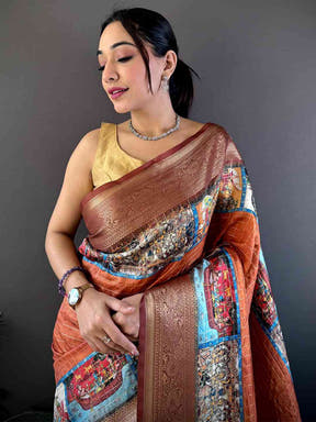 Rust Orange Tussar Silk Kalamkari Checkered Saree