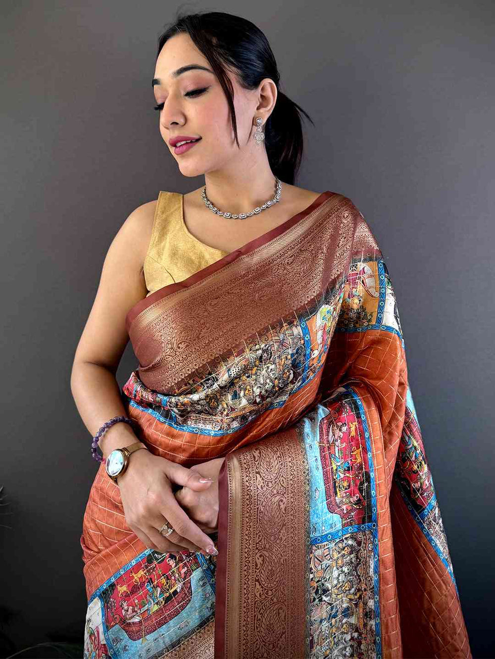 Rust Orange Tussar Silk Kalamkari Checkered Saree