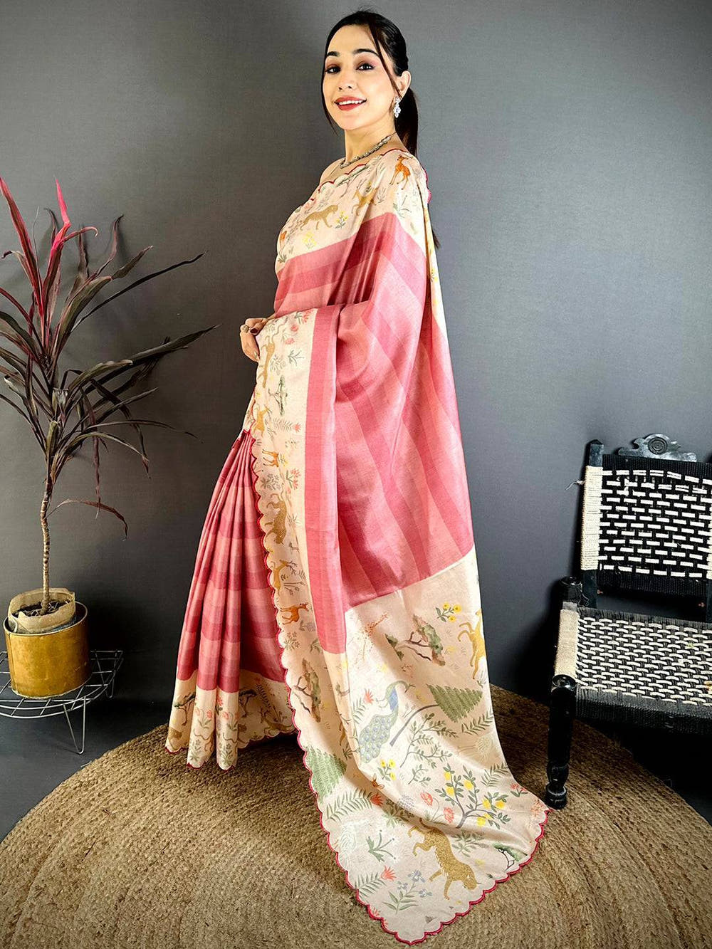 Classic Pink Tussar Thread Cut Work Saree