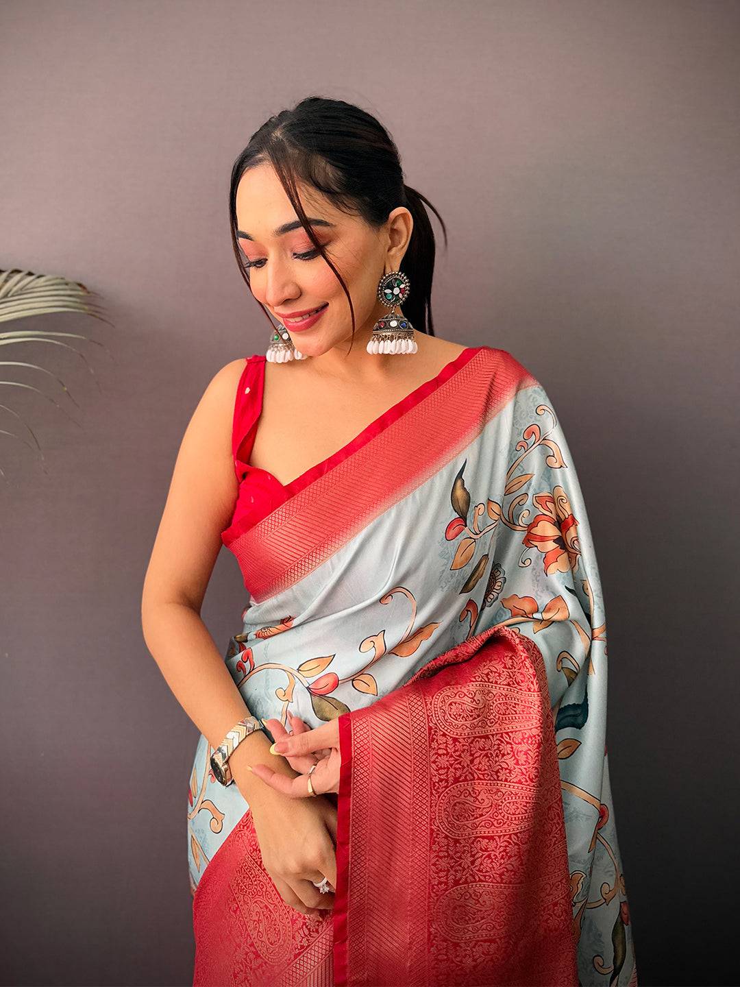 Heritage Cherry Satin Kalamkari Printed Saree