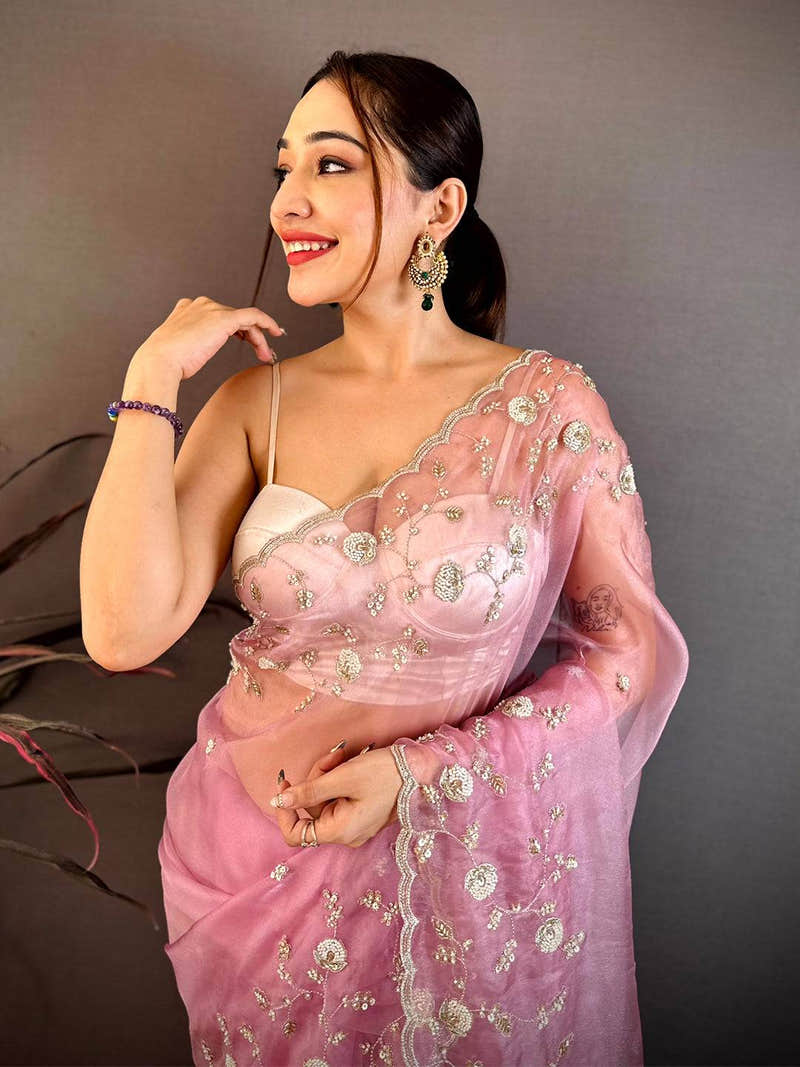 Pink Pearl Sequin Embroidered Organza Saree